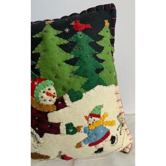 Handmade Winter Snowman & Trees Appliqué Pillow 11"x12" - Picture 2 of 6